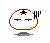 Pixelated character with white face, blue eyes, black star on forehead, and red-brown border; left version has sweat drops, right version has pink mouth.