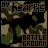 A static pixel art icon with camouflage background, black silhouette of a figure holding an object, and red text elements.