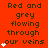 Red background with dark text reading 'Red and grey flowing through our veins' and white star-like symbols appearing in different positions