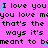 Pixelated text repeats on a bright pink background with cyan and blue pixel artifacts, displaying phrases like "I love you" and "that's the ways it's meant to be".