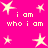 Bright pink background with scattered light yellow stars and repeated pixelated text reading "i am who i am" in white.