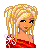Pixel art contact sheet of a blonde cartoon character in red top and white pants with star-patterned shoes, showing full body, torso, legs, and pink text "Jottie".