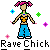 Pixel art of a female character with pink pigtails, orange crop top, blue pants, and green necklace surrounded by colorful star shapes.