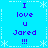 Blue background with white snowflake and dashed line borders, displaying repeated purple text "I love u Jared !!!" in a