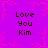Purple background with pink pixelated snowflake border and four identical text blocks reading "Love You Kim" in dark brown pixelated font.