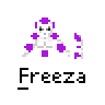 Pixel art buddy icon featuring a white and purple robot-like character with red text 'badass buddy .com' above two identical frames showing the character in a crouched pose.