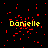 Yellow text reading Danielle appears over a black background with scattered red pixel fragments, with a gray rectangle in the bottom-right corner.