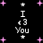 Black background with pink and white starbursts and repeated 'I <3 You' text in white pixelated font.