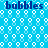 Blue background with white bubble outlines and repeated dark blue "bubbles" text in two