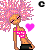 Pixelated character with pink afro hair, closed eyes, and a pink bikini top holding different colored hearts in six variations.