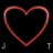 A pixelated heart outline in shades of pink and red against a black background, with small gray 'J' and white 'T' characters at bottom corners.
