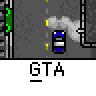Animated contact sheet showing 12 sequential frames of a GTA-themed buddy icon with cars crashing and exploding in a pixelated urban environment.