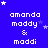 Blue background with white pixelated text "amanda maddy & maddi" repeated in a , scattered white stars, and a gray rectangle in the bottom-right corner