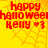 Yellow background with red pixelated text reading 'happy halloweek Kelly ♡3' and faint spiderweb patterns, with a gray rectangular overlay on the right side.