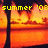 Pixelated sunset scene with orange and yellow sky, dark vertical pole on left, and bright yellow text reading 'SUMMER '09' at top.