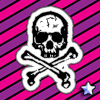 A pixelated skull and crossbones icon with white outline on pink and purple striped background, featuring a small blue star in bottom right corner.