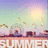 Pixelated landscape with sun, palm trees, and water reflecting a cityscape under pastel sky.