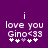 Purple background with white pixelated text 'i love you Gino<33' and five heart symbols below, where the third heart is gray instead of white.