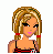 Pixel art of a female character with blonde pigtails, red earrings, and pink lips wearing a black top with red straps and blue jeans.
