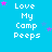 Pixelated text 'Love My Camp Peeps' repeated across a bright blue background with scattered pink and purple stars.