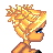 Pixelated character with blonde hair in a bun, blue eyes, and black shoulder straps; red text 'bitch' underlined below.
