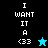 Pixelated text "I WANT IT A <33" on split black and cyan backgrounds with a star icon changing color between frames.