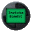 Green square with pixelated text inside a dark circular border on gray background.