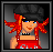 Pixel art buddy icon featuring a character with red hair and black hat alongside stylized text on blue background, presented as 4-frame animation contact sheet