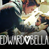 A static image shows two people in a close embrace with a bright light effect between them, overlaid with text reading "EDWARD♥BELLA" in white block letters.