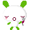 Pixelated character with white body, green limbs and ears, pink cheeks, dark red eyes and mouth holding a purple object against gray background.
