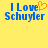 Yellow background with blue text reading "I Love Schuyler" and an orange pixelated heart replacing the 'o' in Love on one version.
