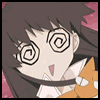 Anime character with spiraled eyes, dark hair, and a small pink mouth holding an orange object in a of four