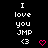 Pixelated text reads "I love you JMP <3" with a white heart icon on the left and a pink heart icon on the right against a black background.