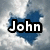 Pixelated static image with the name 'John' in bold white letters on a black outline, set against a blue and gray gradient background.