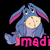 Pixelated blue donkey with pink inner ears and a light beige belly, sitting against black background with partial pink text below.