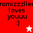 A pixelated image with red, white, and pink sections displaying text 'romizzz|leromizzz|lee loves youuu :)' and star symbols.
