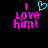 Pixelated text 'I Love Him!' in pink with a cyan heart symbol above the 'I' on black background.