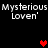 Pixelated text 'Mysterious Loven' repeated with red heart symbols on a black background.