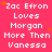 A static image with a bright pink background displays repeated white text reading "Zac Efron Loves Morgan More Then Vanessa" in multiple , interspersed with small orange star shapes