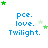Blue text 'pce. love. Twilight.' on white background with green and light green stars in various positions.