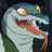 Pixelated close-up of a light blue reptilian creature with yellow eyes, open mouth showing brown interior, and green lower body against dark background.