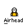 A 5x5 contact sheet of pixel art frames showing a yellow stick figure character with white head and black eyes, transitioning through various poses including standing, falling apart into parts, and reassembling, all labeled "Airhead" below each frame.