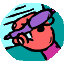 Animated sequence showing a cartoon character writing red squiggles on a light blue paper with black lines, wearing purple headgear and pink clothing against a teal background.