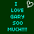 Pixelated cyan text on dark green background reads "I LOVE GARY 500 MUCH!!!!" with white pixelated heart symbol above text.