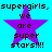 Four identical pixelated star icons with text on a cyan background, each displaying "supergirls, supergirls, we are super stars!!!" in black block letters.