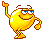 Six pixelated yellow circular characters with blue eyes and brown eyebrows stand in a , each displaying distinct arm poses while maintaining consistent facial expressions
