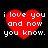Red heart-shaped icon with white text 'i love you and now you know.' on black background, displayed in four identical