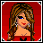 Pixel art of a woman with long brown hair, blue eye makeup, and red lips wearing a black top, fishnet stockings, and high heels against a red background.