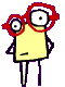 Yellow stick figure with red glasses, white eyes, and purple limbs stands against gray background; one eye changes from open to closed then back to open across observations.