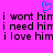 A static pixel art image with a bright pink background, blue heart symbol above text repeating 'i want him i need him i love him' in black blocky letters.
